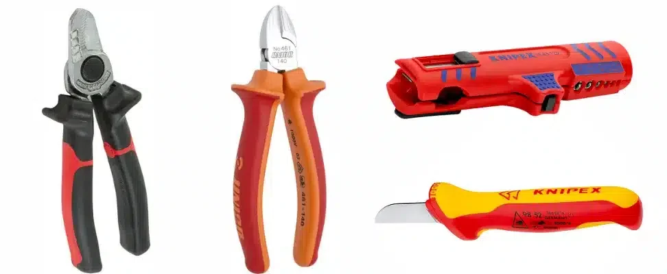 les-outils-de-coupe-indispensables-pour-les-électriciens Visuel de différents outils de coupe et de dénudage.